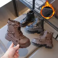 儿童加绒靴子秋冬新款女童蝴蝶结时尚软面中大童中筒靴保暖靴