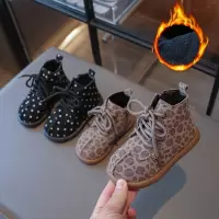 女童波点豹纹短靴秋冬新款儿童加绒马丁靴英伦风宝宝靴子