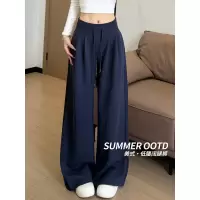 藏青运动裤子女春秋新款高腰垂感宽松显瘦直筒阔腿裤美式卫裤