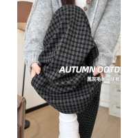 黑色格子西装裤女新款秋季高腰垂感直筒宽松小个子毛呢阔腿裤