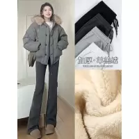 灰色加绒微喇叭裤子女秋冬季新款高腰休闲运动加厚羊羔绒卫裤