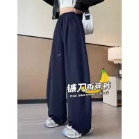 藏青色阔腿裤女新款美式运动裤大码胖mm宽松休闲直筒卫裤