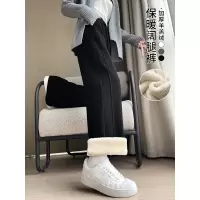 黑色加绒运动裤女秋冬季加厚羊羔绒棉裤外穿直筒宽松保暖阔腿卫裤