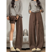 咖色裤女秋冬新款加绒直筒宽松慵懒小个子灯芯绒阔腿裤子