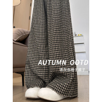 格子裤女秋季新款慵懒风休闲直筒小个子高腰垂感宽松阔腿裤子