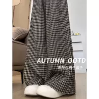 格子裤女秋季新款慵懒风休闲直筒小个子高腰垂感宽松阔腿裤子