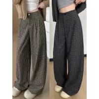 格子裤子女新款秋季高腰显瘦宽松bf慵懒风直筒休闲窄版阔腿裤