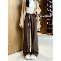 毛呢人字纹加绒裤子女秋冬新款高腰显瘦小个子直筒羊毛阔腿裤