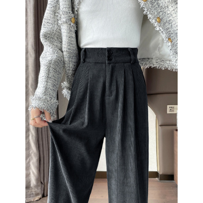 灯芯绒西装裤女新款秋冬季高腰垂感直筒宽松小个子加绒阔腿裤