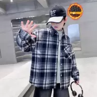 男童初冬夹棉外套新款中大童上衣秋冬季痞帅儿童格子衬衫加厚