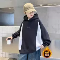 男童加绒卫衣秋冬新款中大童冬季打底衫痞帅儿童连帽上衣加厚