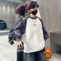 男童加绒卫衣秋冬款新款儿童拼色上衣加厚中大童打底衫冬季潮