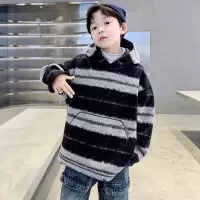 男童加绒卫衣秋冬款新款男孩冬装加厚儿童装连帽羊羔绒毛毛衣