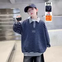 男童条纹加绒卫衣新款儿童秋冬装中大童polo衫一体绒上衣加厚