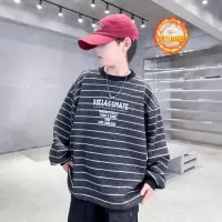 男童条纹卫衣加绒一体绒新款儿童加厚上衣秋冬中大童打底衫潮
