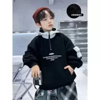 男童加绒卫衣新款秋冬中大儿童连帽高领上衣冬装一体绒痞帅潮