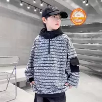 男童高领连帽卫衣加绒加厚新款中大童条纹上衣痞帅儿童秋冬装