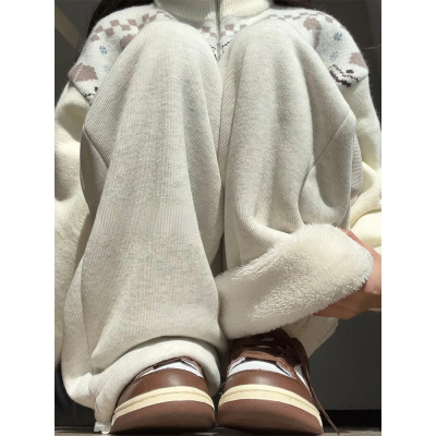 美式运动裤女新款秋冬加绒加厚卫裤宽松慵懒休闲小个子阔腿裤