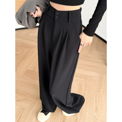 西装裤女秋季薄款休闲直筒高级垂坠感黑色裤子高腰垂感冰丝阔腿裤