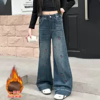 女童牛仔裤冬装新款初中生裤子女大童加绒直筒裤13岁女孩长裤