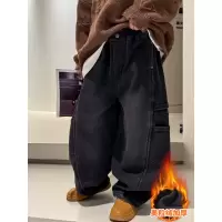 男童秋冬款裤子加绒加厚新款初中生冬季一体绒儿童工装牛仔裤