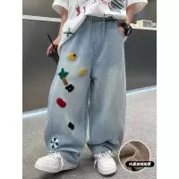 男童裤子秋冬装新款儿童秋季男孩直筒牛仔裤大童加绒加厚长裤