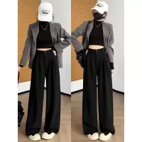 黑色裤子女春秋小个子宽松高级感垂感休闲直筒阔腿裤雪纺西装长裤