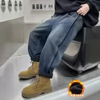 男童一体加绒加厚牛仔裤子秋冬款新款冬季男孩休闲大儿童冬装