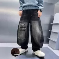 男童加绒牛仔裤一体绒新款中大童工装裤秋冬儿童阔腿裤子加厚