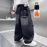 男童加绒牛仔裤中大童直筒潮初中生12岁男冬季一体绒加厚长裤帅气