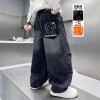 男童加绒牛仔裤冬季一体绒加厚长裤帅气中大童直筒潮初中生12岁男