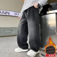 男童加绒牛仔裤宽松直筒保暖裤子冬装青少年中大童加厚一体绒长裤