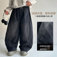 男童秋冬款牛仔裤加绒加厚新款中大童冬装一体绒儿童直筒裤子