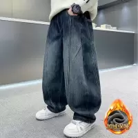 男童秋冬款牛仔裤加绒新款儿童一体绒直筒裤子中大童冬季长裤