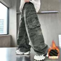 男童秋冬款裤子加绒加厚新款初中生冬季一体绒儿童迷彩工装裤