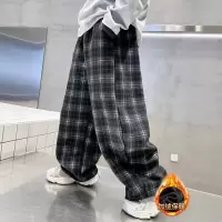男童秋冬款裤子加绒加厚新款初中生冬季儿童一体绒直筒格子裤