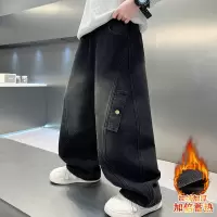 男童冬季牛仔裤子秋冬款新款中大童加绒加厚一体绒工装休闲裤