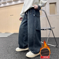 男童加绒裤子秋冬新款大儿童冬季厚长裤一体绒牛仔裤加厚