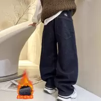 男童一体加绒裤子秋冬款新款儿童装冬季加厚牛仔裤大男孩冬装