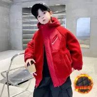 男童夹棉外套秋冬款新款儿童装红色毛毛衣年服冬季加厚羊羔绒