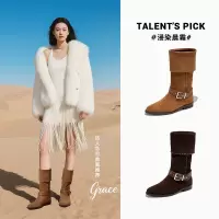 复古堆堆靴秋冬新款粗跟扣带西部牛仔英伦风骑士靴休闲长筒靴