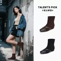 复古拼接方头短靴女年冬季新款马丁靴百搭瘦瘦靴女加绒靴子女