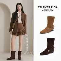 新款复古绒面短靴秋冬洋气马丁靴休闲尖头西部牛仔扣带女靴潮