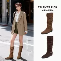 新款尖头靴子长筒靴女冬季粗跟骑士靴复古堆堆靴休闲百搭女靴