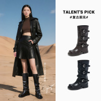 新款高筒长靴秋款靴子女西部牛仔靴英伦风堆堆靴百搭骑士靴女
