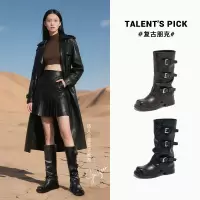 新款高筒长靴秋款靴子女西部牛仔靴英伦风堆堆靴百搭骑士靴女