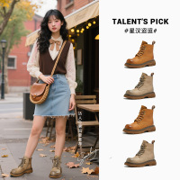 真皮大靴女秋冬新款复古擦色马丁靴休闲靴子英伦风工装短靴