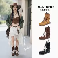 绑带马丁靴女秋冬新款复古英伦风列装靴西部牛仔靴百搭靴子女