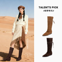 新款复古骑士靴女秋冬新款靴子长筒靴女两穿尖头褶皱堆堆女靴