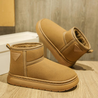 情侣款雪地靴男士低筒皮面时尚休闲棉鞋加绒加厚防滑男鞋冬季棉靴